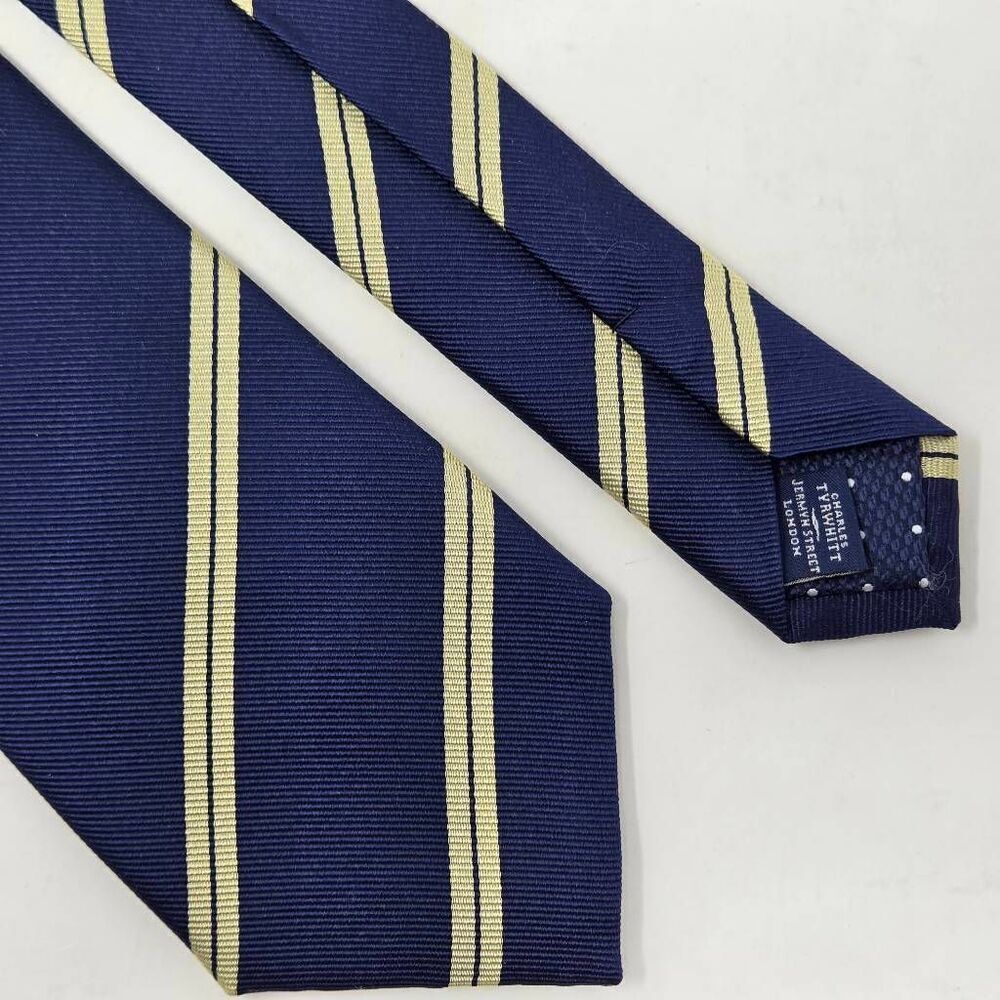 CHARLES TYRWHITT SILK TIE NAVY BLUE GOLD TEXTURED REPP STRIPE 3.5" X 60"